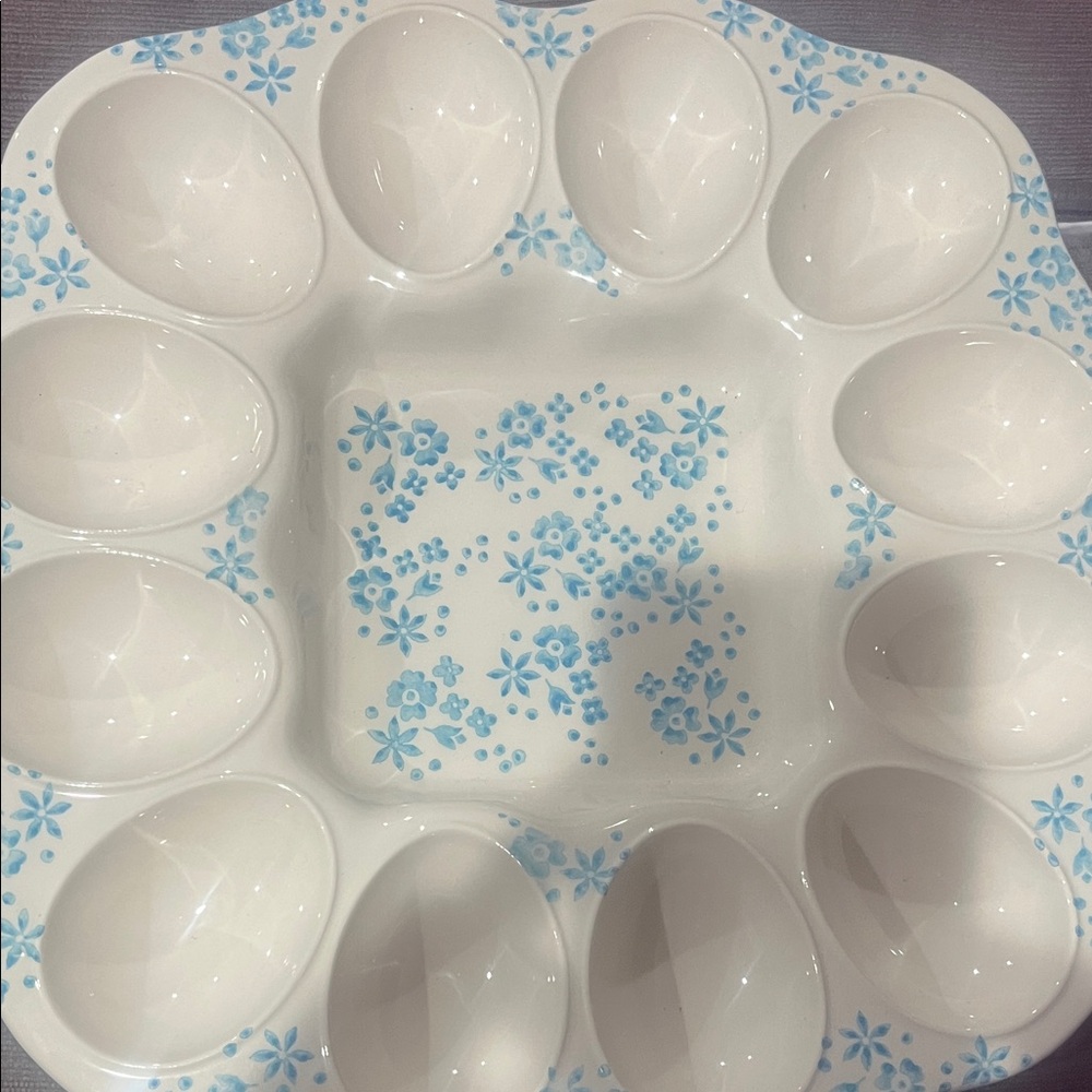 Vintage Floral Egg Plate with Blue Accents